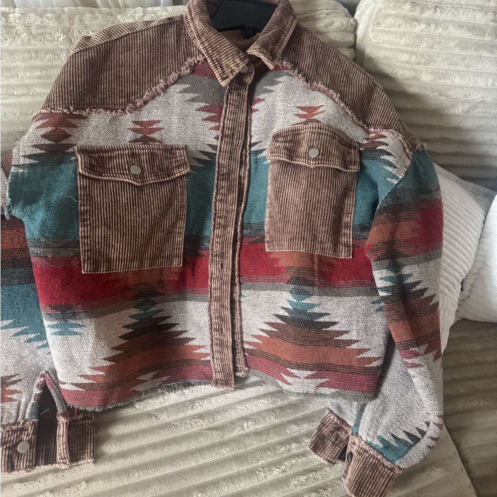Southwestern Patterned Jacket with Corduroy Accents- Pink Lily